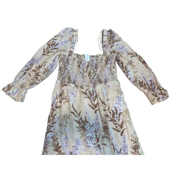 HOUSE OF HARLOW 1969 Linen Blend Midi Dress Size Medium Smocked Midi Peasant - Picture 2 of 7